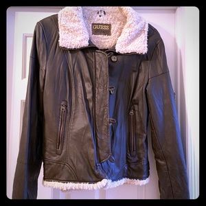 Guess Brown Leather Jacket with Shearling Accents